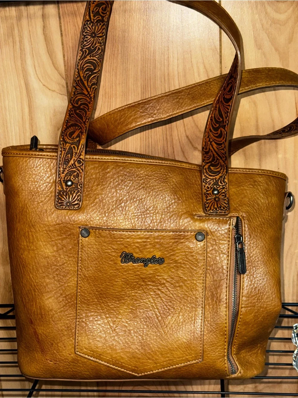 Wrangler Brown Tooled Leather and Fur Fringe Tote with Turquoise Conchos
